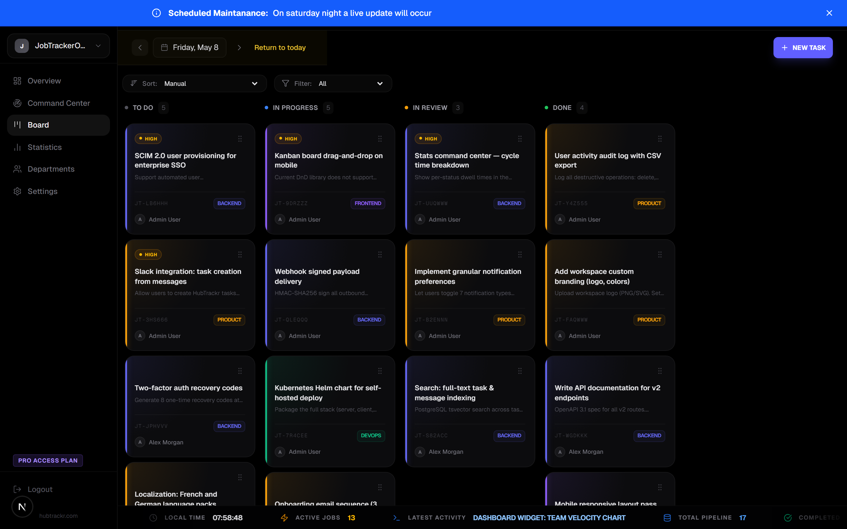 HubTrackr Kanban board with task ownership and workflow states