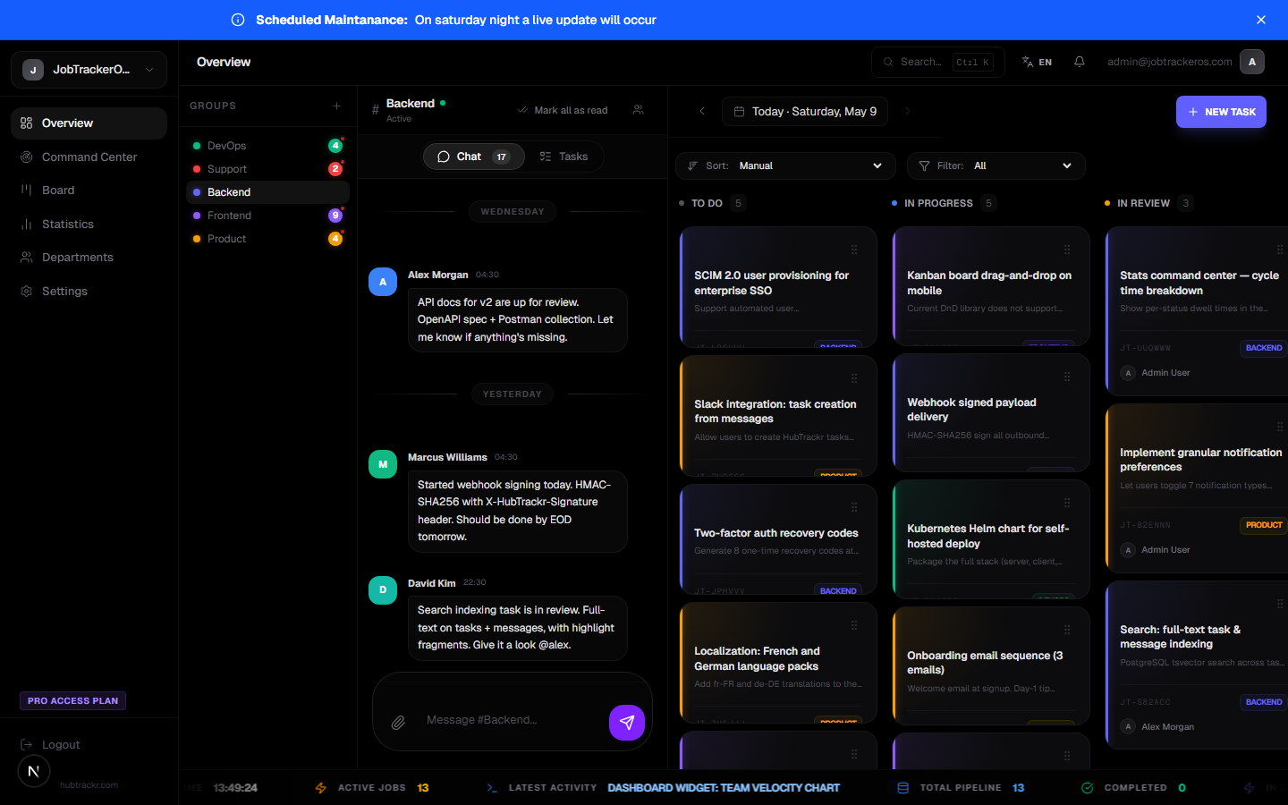 HubTrackr team chat beside work context